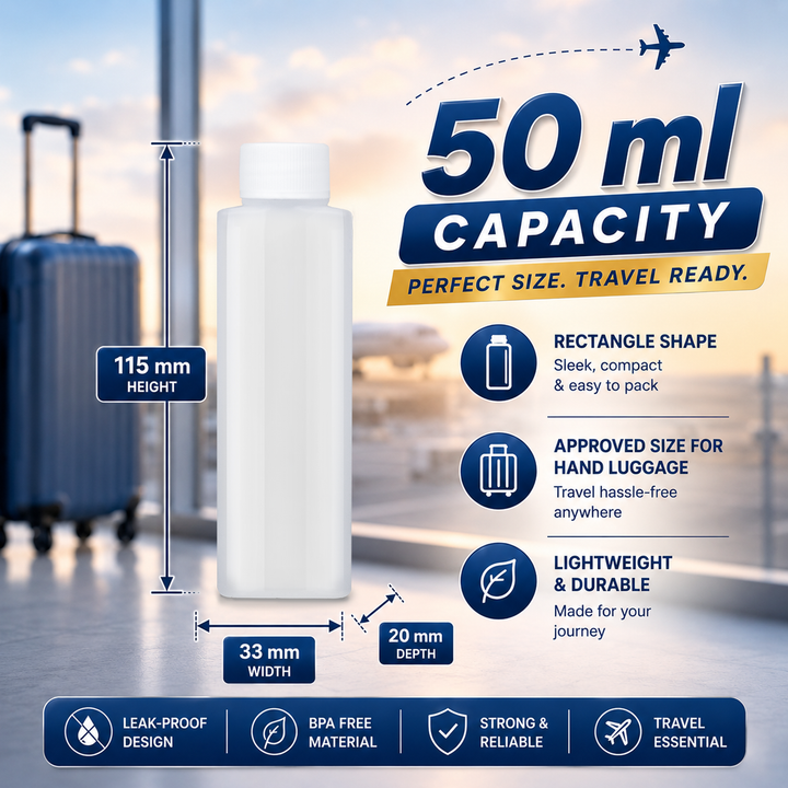 6 Pack 50ml Refillable Travel Bottles – Clear HDPE Plastic Cosmetic & Toiletry Containers with Screw Caps