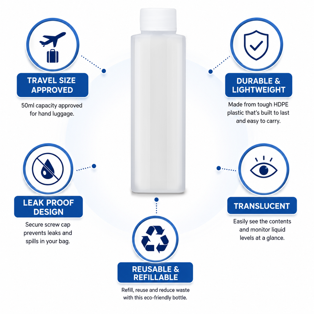 6 Pack 50ml Refillable Travel Bottles – Clear HDPE Plastic Cosmetic & Toiletry Containers with Screw Caps