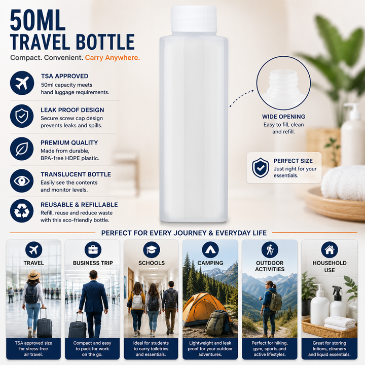6 Pack 50ml Refillable Travel Bottles – Clear HDPE Plastic Cosmetic & Toiletry Containers with Screw Caps